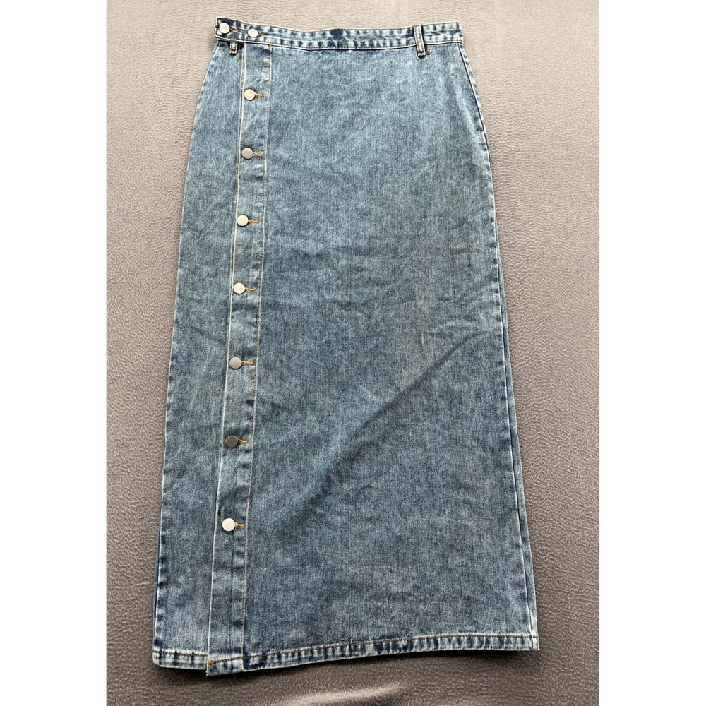 Vintage Style Denim Maxi Skirt Womens L Acid Wash Button Front High Waist Blue